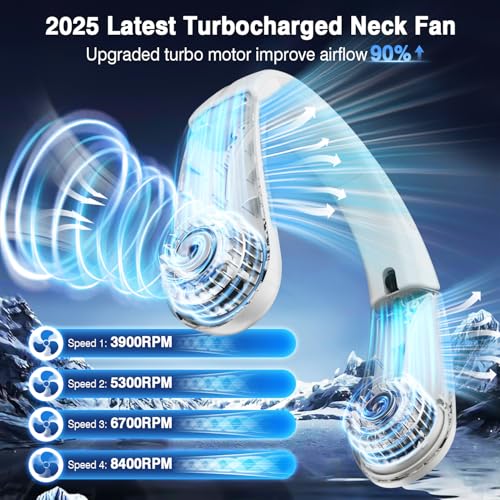aimdty ChillGo Portable Neck Fan, 8400 RPM Enlarged Turbo Airflow, 5200mAh Personal Wearable Fan - Max 16H Cooling, LED Display, 4 Speeds, Foldable, Gifts for Men Women - Iceland Frost by aimdty - Used condition - Image 2