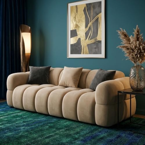 Image of FURNY Luxury Nimbus 3 Seater Bubble Cloud Sofa Set for Living Room | Boston Fabric Upholstered | Modern Cushioned Comfortable Couch for Home Office & Drawing Room | Sand Beige