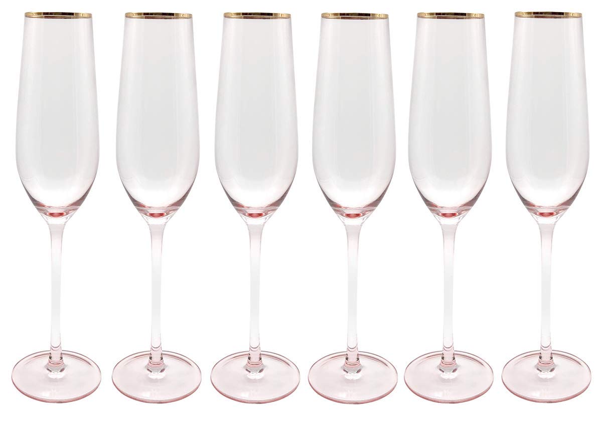Champagne Flutes - Champagne Glasses Set of 6. Elegant Wedding Champagne Flutes (Pink) Made from Lead-Free Premium Crystal Glass, 10", 7 Oz. Toasting Flutes