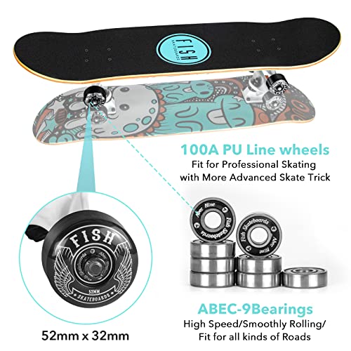 Fish Skateboards Standard Skateboard, Complete Skateboard 31''X 8'', 7 Layer Canadian Maple Double Kick Deck Concave Cruiser Trick Skateboards For Kids Boys Girls Youths Beginners. #TOP3