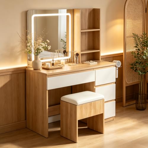 Makeup Vanity Desk with 3-Color LED Lighted Mirror, 4 Drawers & Power Outlet, Vanity Set with Charging Station, Storage Stool, Open Shelves & Hair Dryer Holder, Bedroom Dressing Table for Makeup