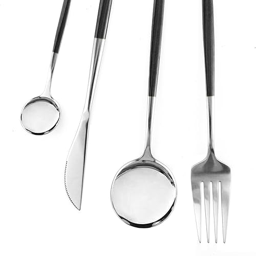 Miniatura 3 de Dnalrhoi Juego de cubiertos de acero inoxidable pulido con espejo para 6 personas, incluye tenedores, cucharas, cuchillos de cocina (negro plateado)