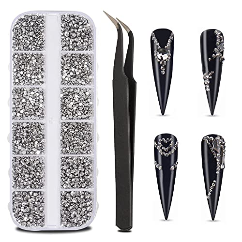 3400Pcs Nail Art Rhinestones, EUUPS Crystal Ore Black Flatback Round Flatback Nail Gems Stones Studs 6 Sizes with Pick Up Tweezer for Nail Art Design Craft DIY