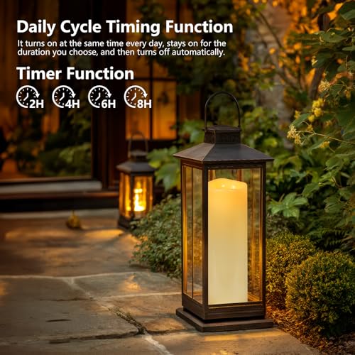 Image of Kimjo 14 inch x 4 inch Large Outdoor Waterproof Candles with Timer Remote, 4 Pack | Ivory, Battery Operated LED Flameless Pillar Candles, Electric Flickering Fake Candles for Patio, Lanterns, Porch Decor