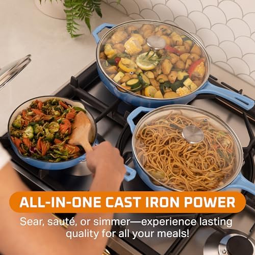 Bruntmor Pre-Seasoned Cast Iron Frying Pan Set - 8, 10, 12 Inch Blue Enamel Nonstick Skillets with Tempered Glass Lid - Oven Safe Egg and Grill Pan Set for Cooking, Searing, and Frying - Thumbnail 5
