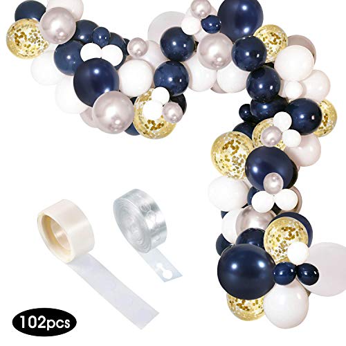 SPECOOL 102pcs Ballons en Latex Bleu, Argent Métallique, Ballons de Confettis Blancs et Dorés Parfaits pour dAnniversaire la Décorations de Fête et Accessoires pour Anniversaire ou Marriage