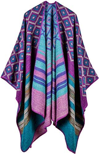 Womens Reversible Oversized Poncho Cape Warm Shawl Wrap Open Front Printed Blanket Cardigans