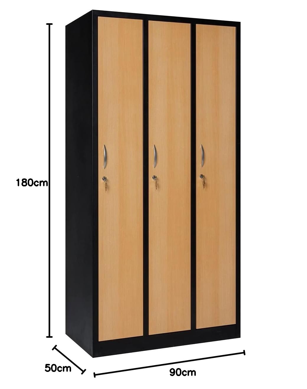 furni24 Garderobenschrank 90 cm x 50 cm x 180 cm schwarz/buche 3-türig 30 cm Abteilbreite fertig montiert Verschiedene Ausführungen verfügbar