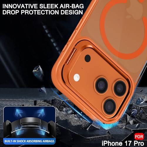 Image of TheGiftKart Hybrid Matte Frosted Back Cover Case for iPhone 17 Pro Compatible with MagSafe | Built-in Stand | Shockproof Hard Back Cover Case for iPhone 17 Pro (PC & TPU, Translucent Orange)