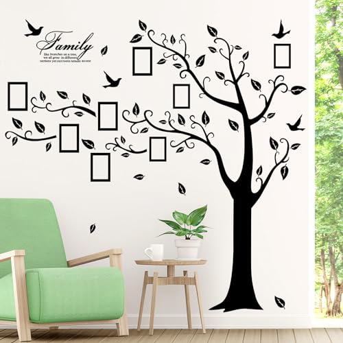 Large Family Photo Tree Wall Sticker 3D Peel and Stick Vinyl Photo Frame Tree Wall Decals Removable Quotes Leaf and Birds Wall Decor for Home Kids Bedroom Living Room Classroom Nursery (Left, Black)