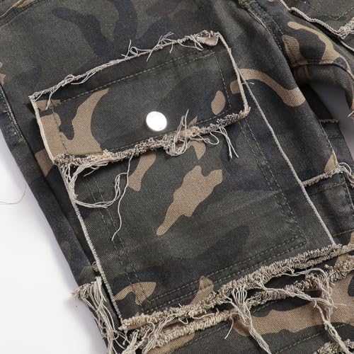 Men's Trendy Camouflage Stacked Splicing Elastic Mid Waist Workwear Pocket Jeans4
