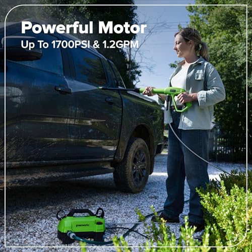 Image of Greenworks 1700 PSI (1.2 GPM) Electric Pressure Washer (25, 40 Nozzles) Ideal for Cleaning Cars, Trucks, Boats, Outdoor Patio Furniture, Decks, and Windows