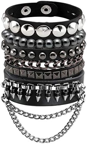 Eigso 4Pcs Black Leather Bracelet for Men Women Adjustable Hematite Punk Spike Metal Cuff Bangle