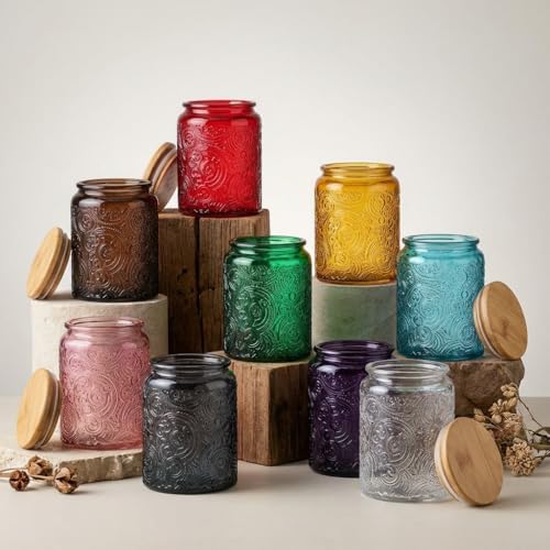 8 oz Multi-color Sun Moon Stars Candle Jars with Bamboo Lids, 9 P...