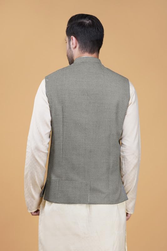 Image of Vastraa Fusion Men's Blue & Grey Chequered Woolen Blended Festive Nehru Jacket /Waistcoat