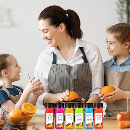 Roshtia 30 Pcs 2oz Small Clear Plastic Juice Bottles with Lid for Liquids Reusable Ginger Shots Bottle Vial Beverage Container Leak Proof Mini Jars for Juice, Milk, Water3