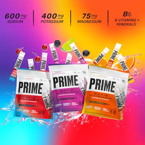 Image of Prime Rapid Rehydration Electrolyte Powder Sticks, Ocean Cherry, Sugar Free Hydration Drink Mix with Sodium, Potassium, Magnesium & B Vitamins to Replenish Fluids, Caffeine Free, 16 Count