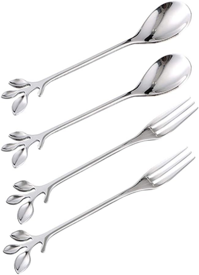 Coffee Spoon Fork 4 Pack(2 Spoons 2 Forks),Silver Leaf Retro Dessert Coffee Small Spoon Cocktail Picks Fruit Fork Flatware,4.7 Inches Stainless Steel Tea Spoon Set (Silver4)