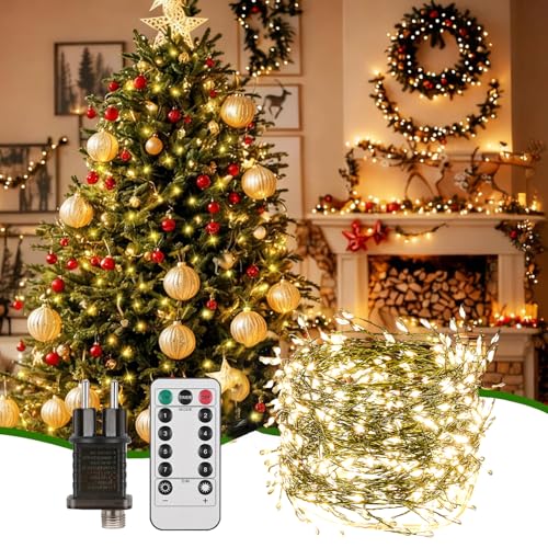 Vankarr Lichterkette Außen Weihnachten LED Lichterkette Wasserdicht 20M 400er 8 Modi mit Timer Speicherfunktion, Lichterkette Innen mit Stecker Fernbedienung (Lumière chaude, fil vert)