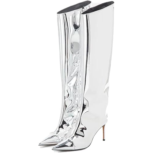 Metallic Boots Knee High Boots & Ankle Boots for Women Stiletto Heel Mirrior Boots Pointed Toe Fashion Dressy Booties Zipper
