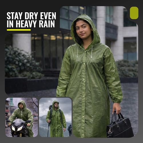Image of Robustt EVA Reusable Raincoat with Hood (Dark Green) - Pack of 10 | Elasticated Full Sleeves Outdoor Waterproof Raincoat for Men & Women | Rainwear | Button Closure | Knee Length | Universal Fit