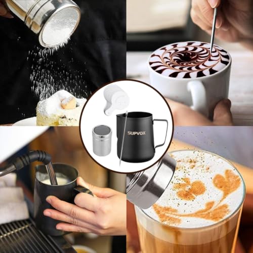 Image of Supvox Barista Latte Art Kit with 600ml Steel Milk Frothing Pitcher, Coffee Frother Mug, Art Pen, Powder Shaker & 16 Pattern Stencils Premium Coffee Accessories Set