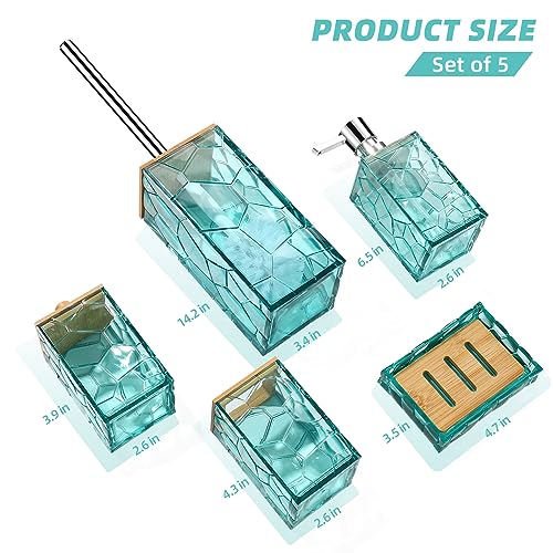 GAHEFY Teal Blue Beach Bathroom Accessories Set, Toothbrush Holder, Soap Dispenser, Cotton Swabs Holder, Soap Dish, Toilet Brush with Holder, Boho Bamboo Bathroom Decor,Acrylic (Teal) - Image 6