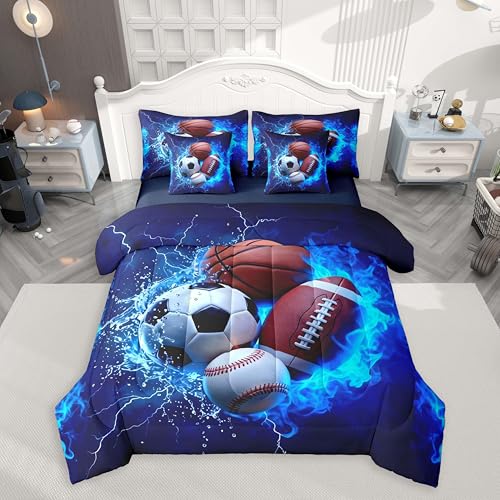 Image of Feelyou Boys Sports Comforter Set King Size 7 Pieces Football Baseball Soccer Bedding Set for Kids Boys Basketball Bed in a Bag with Comforter,Sheet,Pillow Cover Ball Game Sports Room Decor Quilted