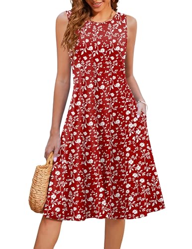 Image of HOTOUCH Summer Casual Dresses for Women Sleeveless Midi Dress Swing Tank Sundress Pleated Tshirt Dress with Pockets