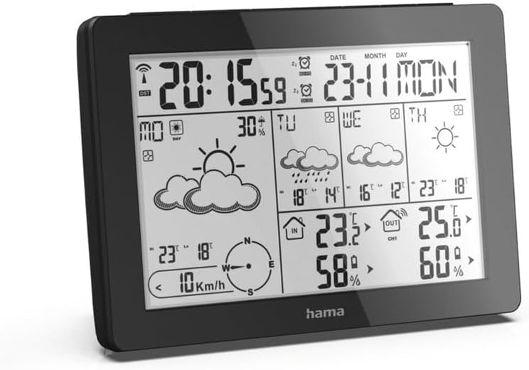Back of the Hama Weather Forecast Center base station with battery compartment open, showing two AA batteries inserted.