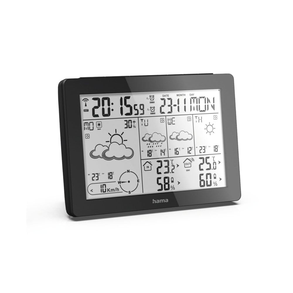 Hama I Estación meterológica con pantalla digital ("Meteotime", DCF, Termómetro, Higrómetro, Reloj, Calendario, Alarma) Negro