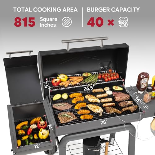 Image of Feasto 30'' Heavy-Duty Charcoal Grill, Digital Temp Control & 2 Meat Probes | Outdoor BBQ Grill with Offset Smoker, 815 Sq. In. Cooking Space for Backyard BBQ, Black & Grey