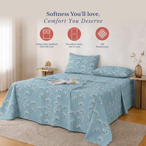 Image of Jaipur Weaves Cotton King Size Bedsheet 108x108 Super King, 100% Pure Cotton Bed Sheet with 2 Pillow Covers, 240 TC Soft Breathable Floral Design Bedding - (Blue, Super King)