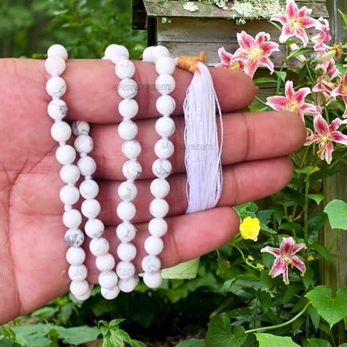 Image of Apnisanskriti Premium Howlite Stone Mala for Men and Women (6mm, AAA Quality, Lab Certified, 108+1) - Natural Stone Beads Mala - White & Black Veins Colour - Pack of 1