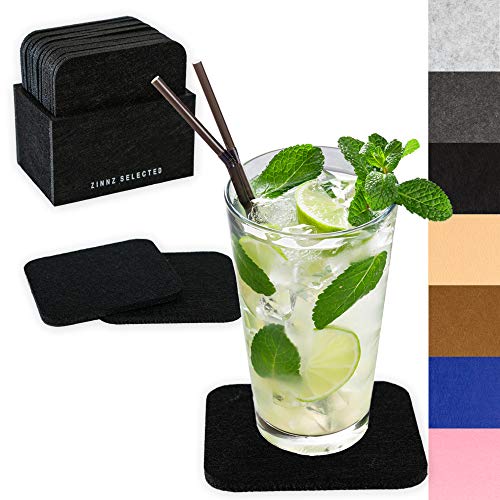 ZINNZ SELECTED Posavasos de fieltro para vasos, juego de 12 unidades, incluye caja, posavasos lavables para bebidas, tazas, bares, cristal, posavasos de fieltro (negro, posavasos cuadrado) Cover