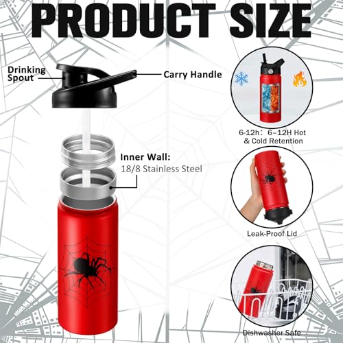 Image of Bokon 2 Pcs Spider Water Bottle with Straw Lid 16 oz Insulated Red Black Stainless Steel 18 /8 Spiderweb Vacuum Cups Tumbler for Travel Outdoor Family Friend Gifts, Leak Proof Lid Design (Classic)