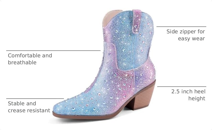 Image of Rhinestone Cowboy Boots for Women Sparkly Ankle Cowgirl Boots | Short Sparkly Boots, Glitter Booties for Women, Festival Country Concert Boots, Pointed Chunky Heel Boots with Zip Up