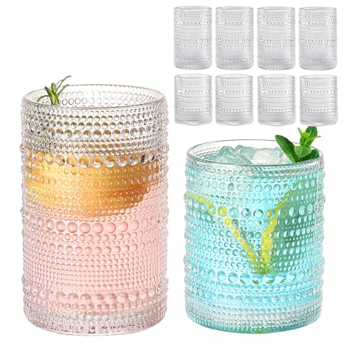 Image of ZMOWIPDL 12oz & 15oz Hobnail Drinking Glasses,Clear Glass Cups Set of 8 | Vintage Highball Glassware，Kitchen Drinkware，Embossed Water Tumbler,for Beer,Cocktail,Whiskey,Juice,Various Mixed Drinks