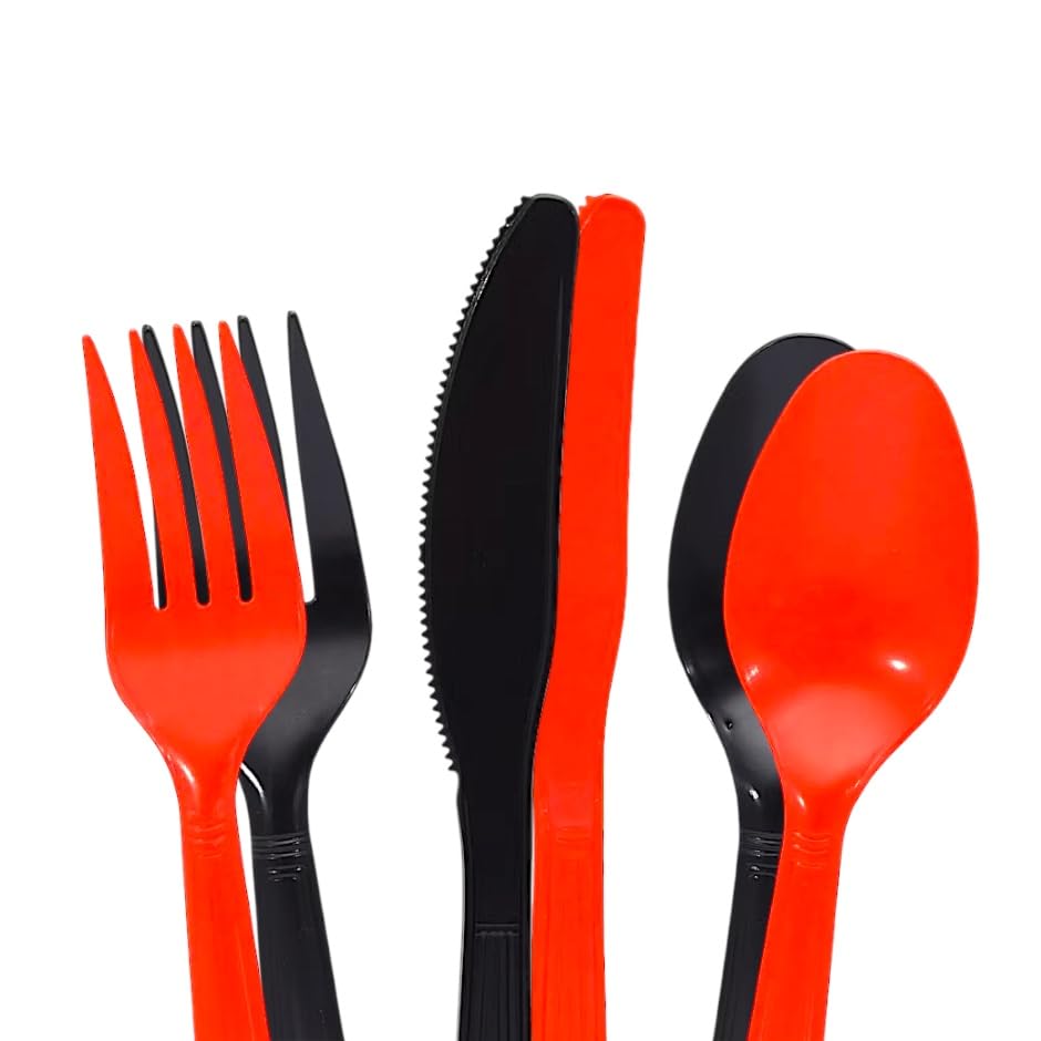 Orange and Black Plastic Cutlery Set – 96 Piece Disposable Silverware – 32 Forks, 32 Spoons, 32 Knives – Standard Utensils for Halloween, Fall Parties