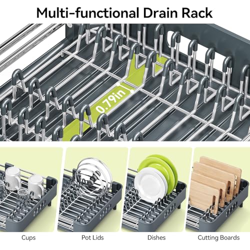 Image of Urackify Stainless Steel Dish Drying Rack - Dish Drainer for Kitchen Counter, Extendable Drainboard with Foldable, Space-Saving Cup & Bowl Organizer, Includes Knife and Utensil Holder, Matte-Green