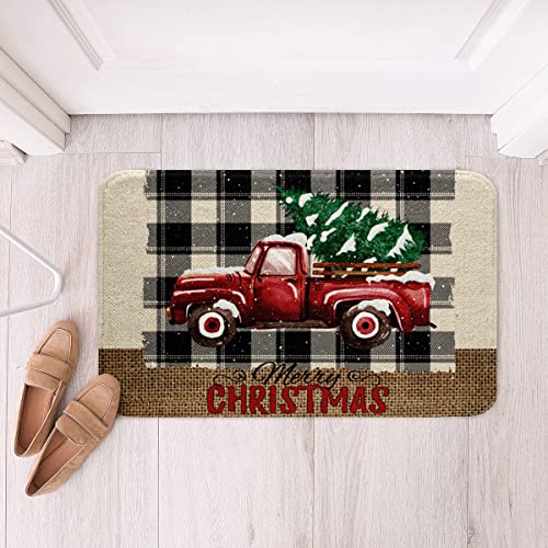Kids Christmas Truck Bath Mats,Xmas Tree Snowflake Mats Rugs,Girls Boys Adults Room/Cabin Decor,Geometric Grids Plaid Chic Bath Carpets,Rustic Retro Bath Rugs,Absorbent Floor Mats,16Wx24L Inches