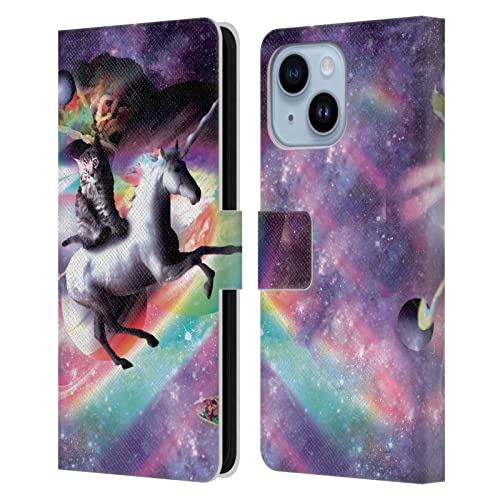 Étui portefeuille iPhone 14 Plus en cuir au motif chat licorne arc-en-ciel