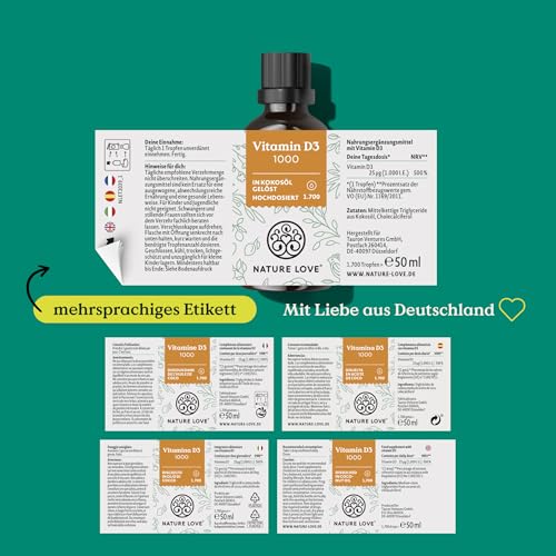 NATURE LOVE® Vitamin D3 1000 (50ml flüssig) – Laborgeprüfte 1000 I.E. pro Tropfen – in MCT-Öl aus Kokos – Vitamin D hochdosiert – hoch bioverfügbar, sehr hohe Stabilität und ohne unnötige Zusätze