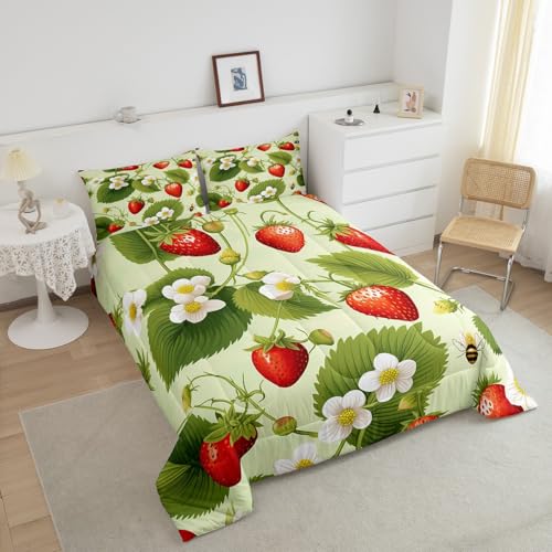 Image of Feelyou Strawberry with Floral Comforter Fruit Comforter Set for Kids Girls Botanical Flora Leaves Bedding Set Soft Quilt 1 Comforter Set with 1 Pillowcase Twin Size Boys