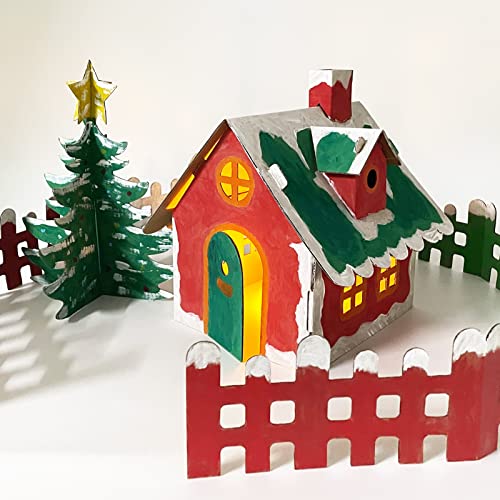 VARACL Casa en miniatura de cartón, árbol de Navidad, valla con kit de pintura acrílica para decoración de...