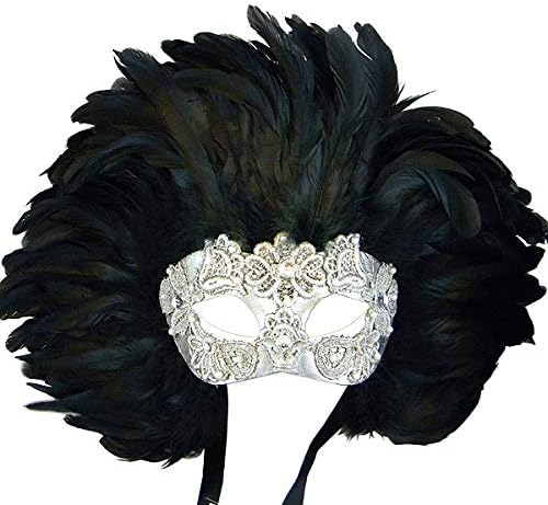 Eyes Wide Shut Silver Macrame Colombina Feathered Venetian Mask