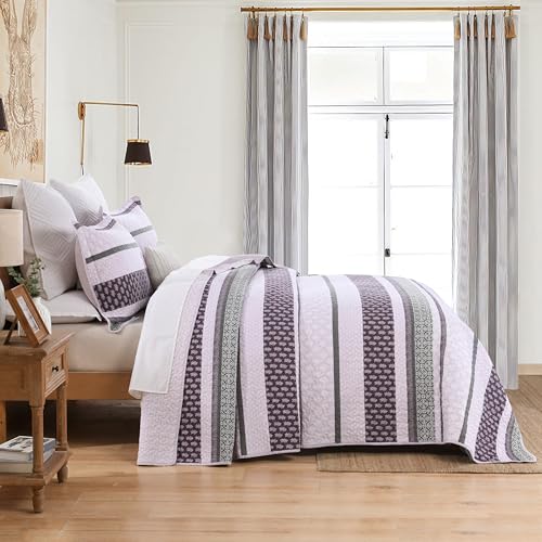 Image of Homzard King Size Comforter Set, Cotton Quilt, Purple and Grey Bedding Set, Lightweight Striped Bedspread, Reversible Coverlet King Size (106 inchX98 inch) with 2 Pillow Shams All Season