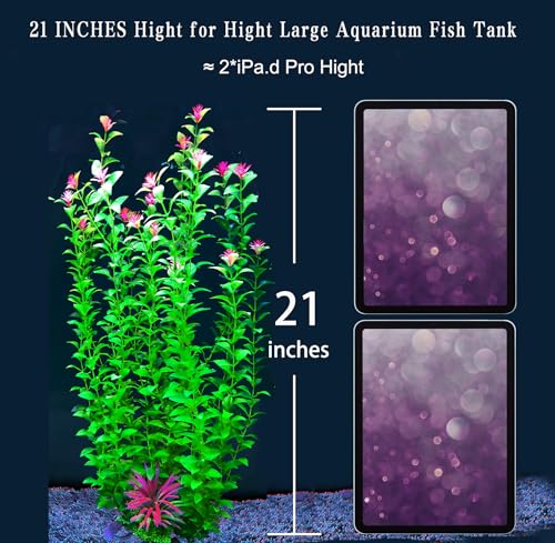 Image of 2 pcs Aquarium Decor Plants 21 Inches Extra Large Artificial Plastic Fish Tank Plants with Flowers, Tall Fish Tank Decoration for Betta Fish Tank