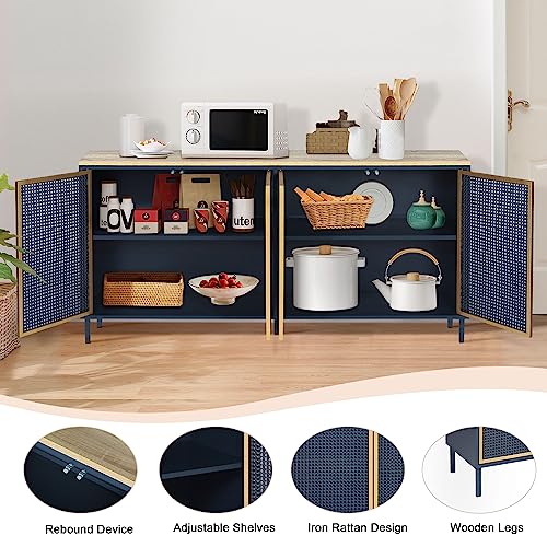 Phoyal Buffet Sideboard Storage Cabinet, Storage Sideboard With 4 Rattan Doors And Adjustable Shelves, Accent Cabinet Kitchen Storage Cabinet For Entryway Living Room, Blue #TOP3