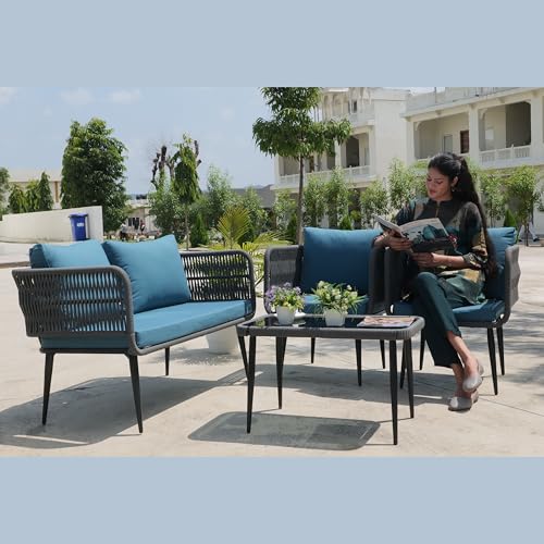 Image of LOCCUS 4-Piece Rope Sofa Set - Outdoor & Indoor Patio Furniture with Waterproof Cushions, Powder-Coated Iron Frame & Glass Top Table for Garden, Balcony [Grey & Blue]